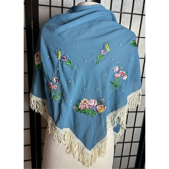 Lacy Afternoon by Shell Kepler Blue Floral Embroidered Shawl - Picture 3 of 7